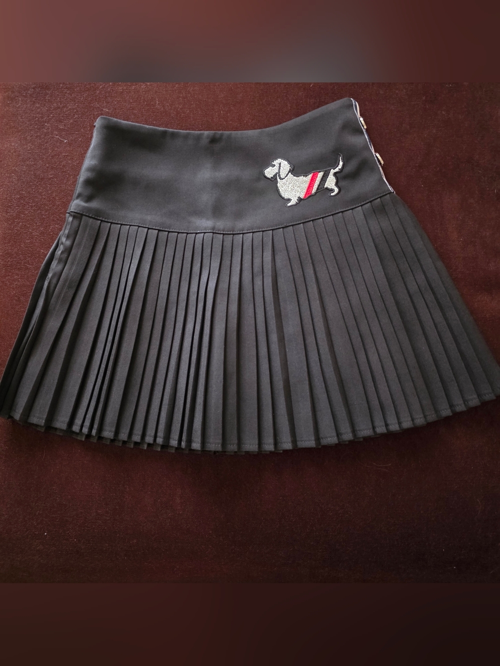 Black Pleated Mini Skirt with Embroidered Dog Accent